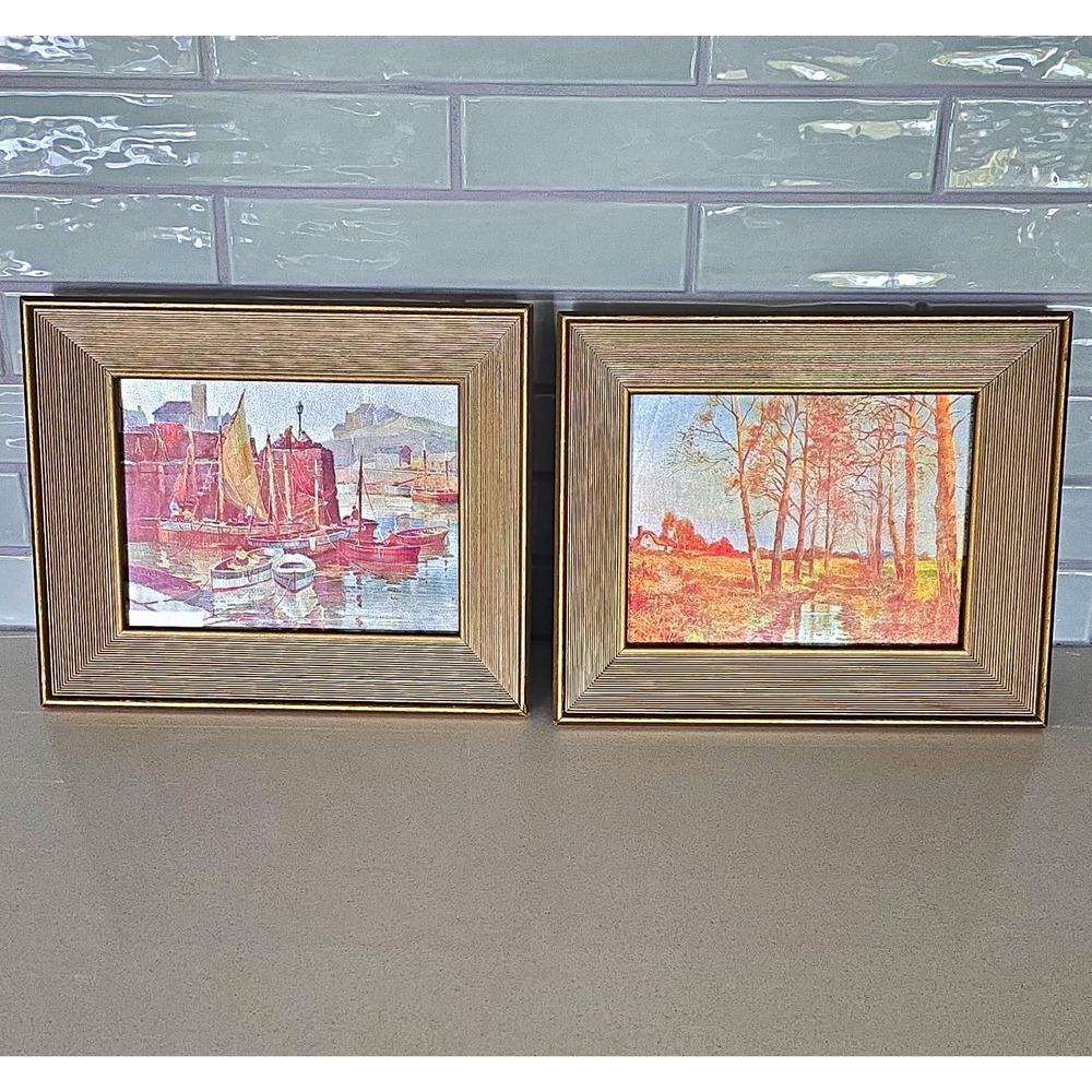 Vintage Franklin Picture Co Metallic Foil Art Prints Set of 2 Landscape Harbor